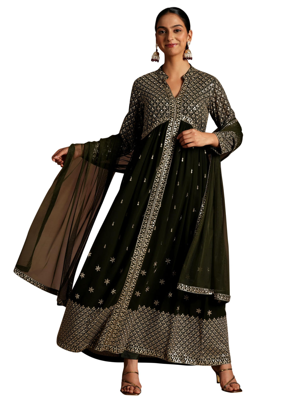Libas Womens Embroidered Georgette A-Line Kurta With Trousers And Dupatta