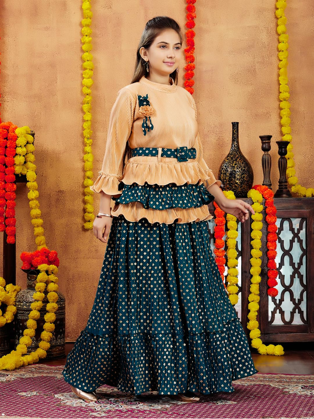 Aarika Girls Ethnic Wear Beige-Green Colour Foil Print Nylon Lehenga Choli Set With Belt (5-16 Years)