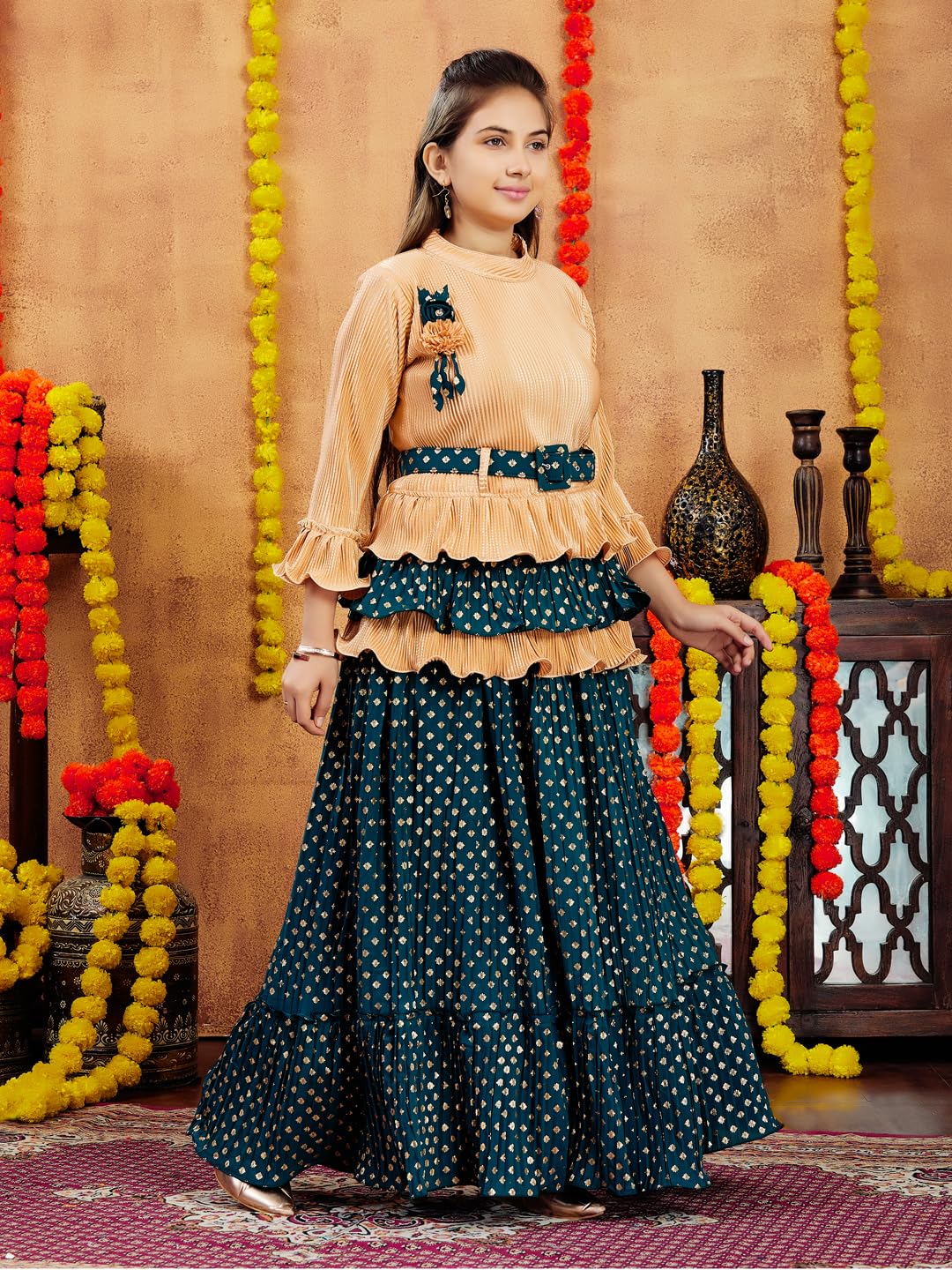 Aarika Girls Ethnic Wear Beige-Green Colour Foil Print Nylon Lehenga Choli Set With Belt (5-16 Years)