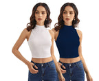 Shasmi Womens & Girls Solid Ribbed Round Neck Collarless Sleeveless Slim Fit Simplicity Tank Tops (Pack of 2) (TOP 37 White N 