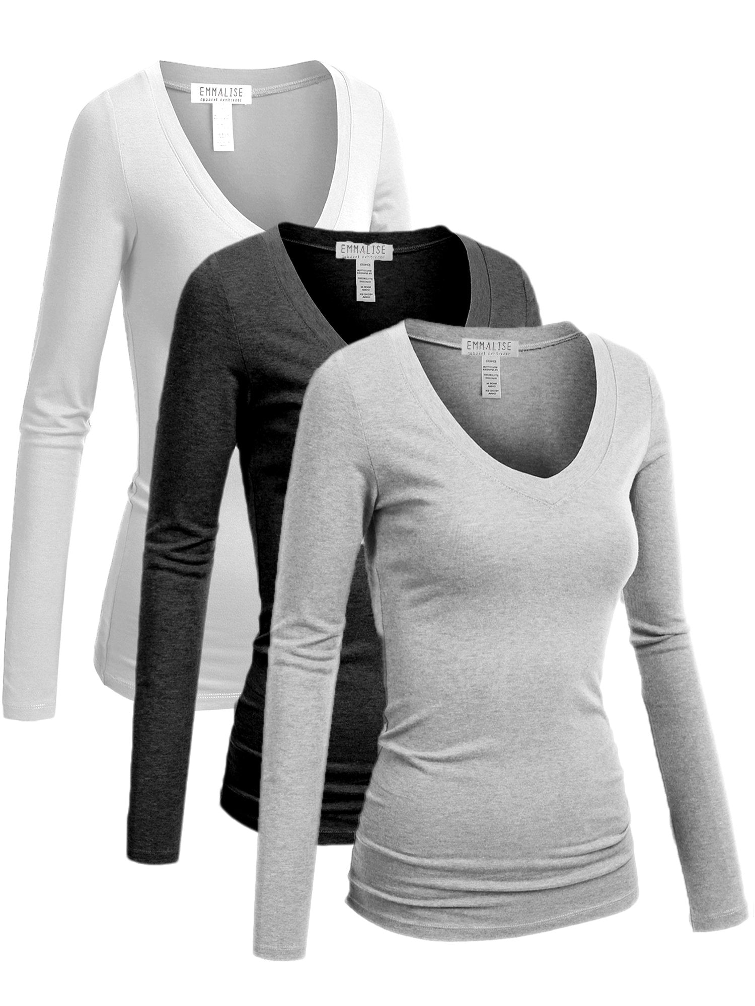 Emmalise Womens Junior and Plus Size Vneck Tshirt Long Sleeves Shirt Tee, Large, 3Pk White, Hcharcoal, Hgray