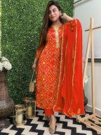 ANNI DESIGNER Womens Rayon Blend Straight Bandhej Printed Kurta with Pant & Dupatta (Turae Orange_S_Orange_Small)