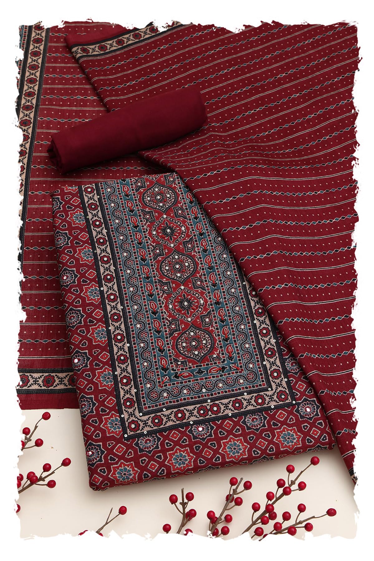 Soch Women Art Silk Ajrak Printed Dress Material with French Knot & Beads