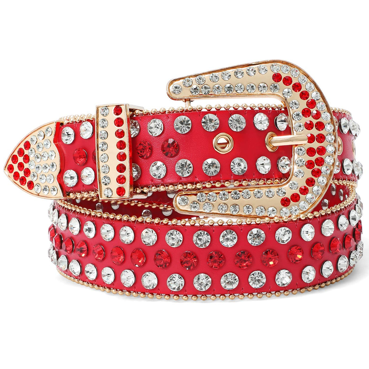 Rhinestone Belt For Women Suosdey Western Cowgirl Bling Studded Leather Belt For Jeans Pants,Red,M 34-39