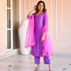 ANNI DESIGNER Womens Cotton Blend Mirror Work Straight Kurta with Pant & Dupatta (Mirror-Purple_L_Purple_Large)