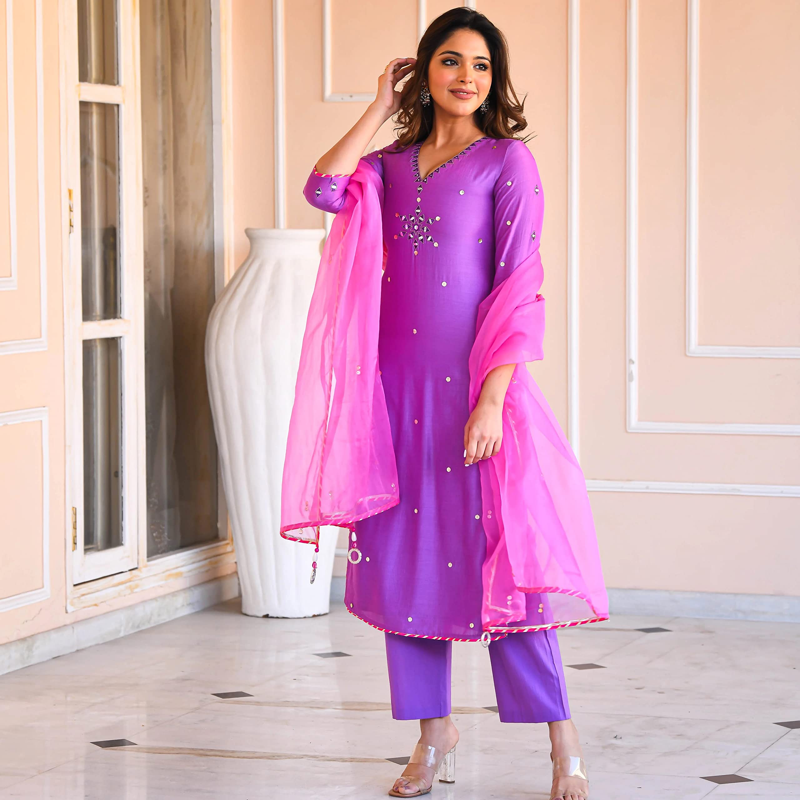 ANNI DESIGNER Womens Cotton Blend Mirror Work Straight Kurta with Pant & Dupatta (Mirror-Purple_M_Purple_Medium)