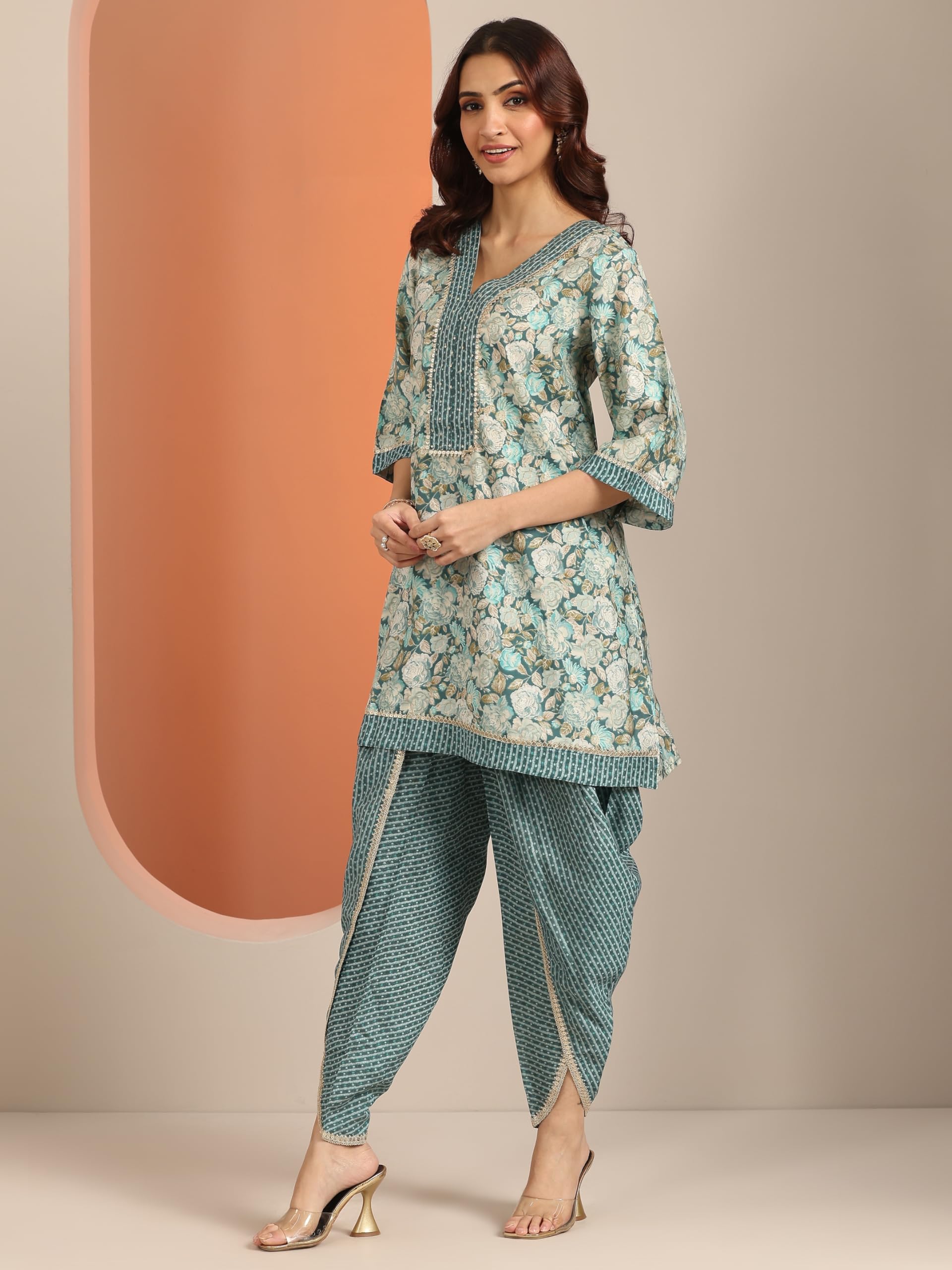 Libas Womens Printed Silk Blend A-Line Kurta With Dhoti Pant