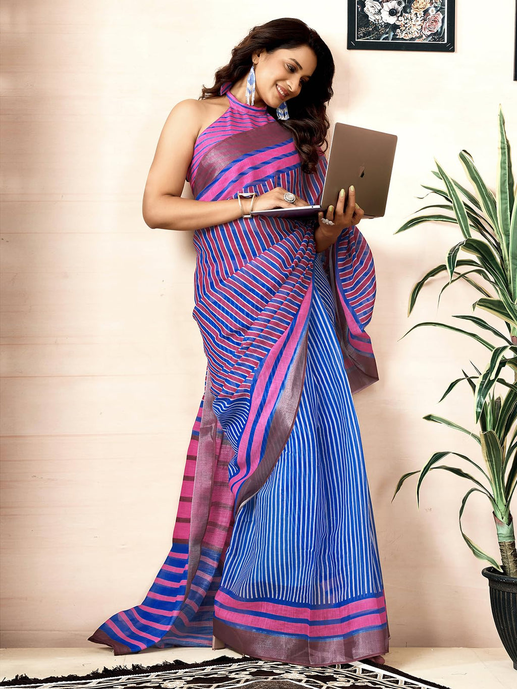 Satrani Womens Linen One Minute Pre Stitched Zari Stripe Border Printed Ready To Wear Saree With Attached pocket & Unstitched B