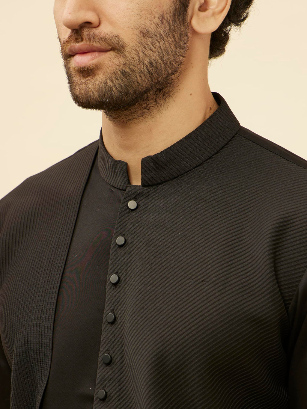 Manyavar Mens Kohl Black Textured Kurta