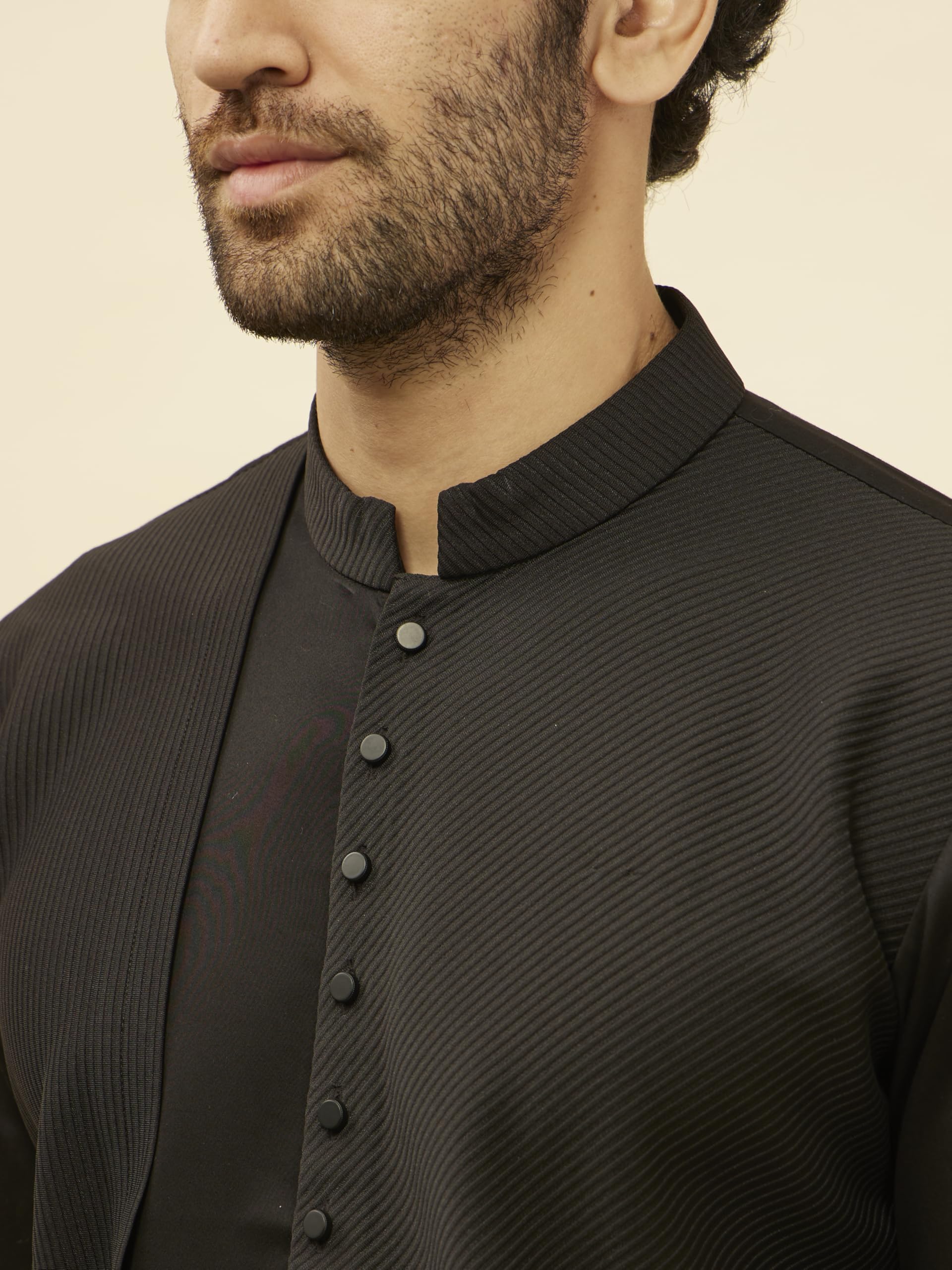 Manyavar Mens Kohl Black Textured Kurta