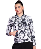 POPWINGS Women Casual Black & White Tie & Dye Printed Pocket Hooded Sweatshirt