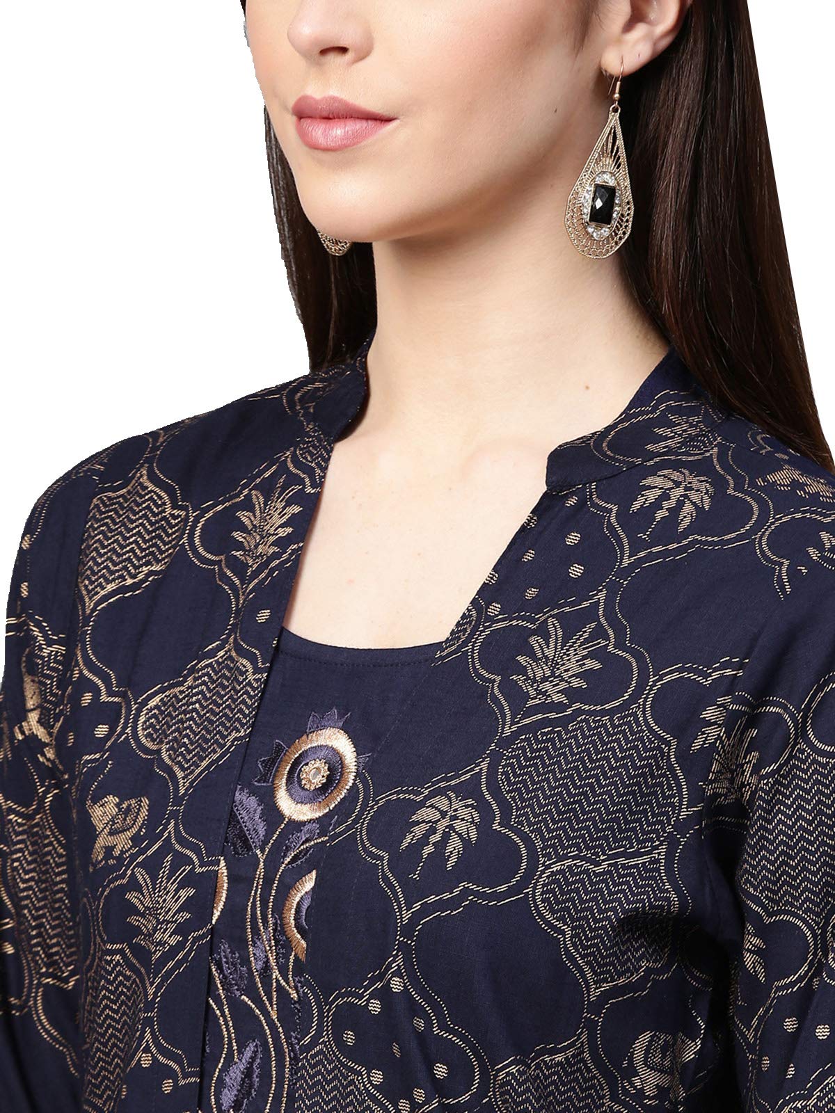 Ishin WomenS Cotton Black Foil Printed A-Line Kurta Set With Palazzo & Jacket