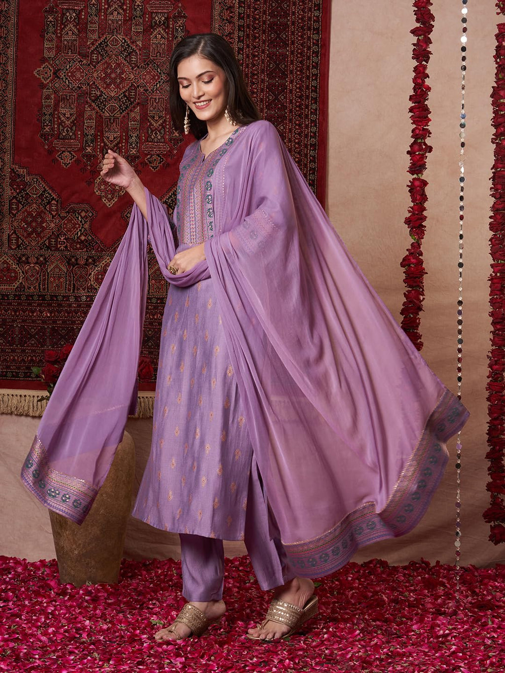 ANNI DESIGNER Women s Viscose Rayon Straight Kurta with Trousers and Dupatta, purple, 40