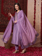 ANNI DESIGNER Women s Viscose Rayon Straight Kurta with Trousers and Dupatta, purple, 40