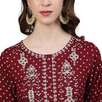 Ishin Women'S Rayon Maroon Yoke Embroidered Straight Kurta Skirt Dupatta Set