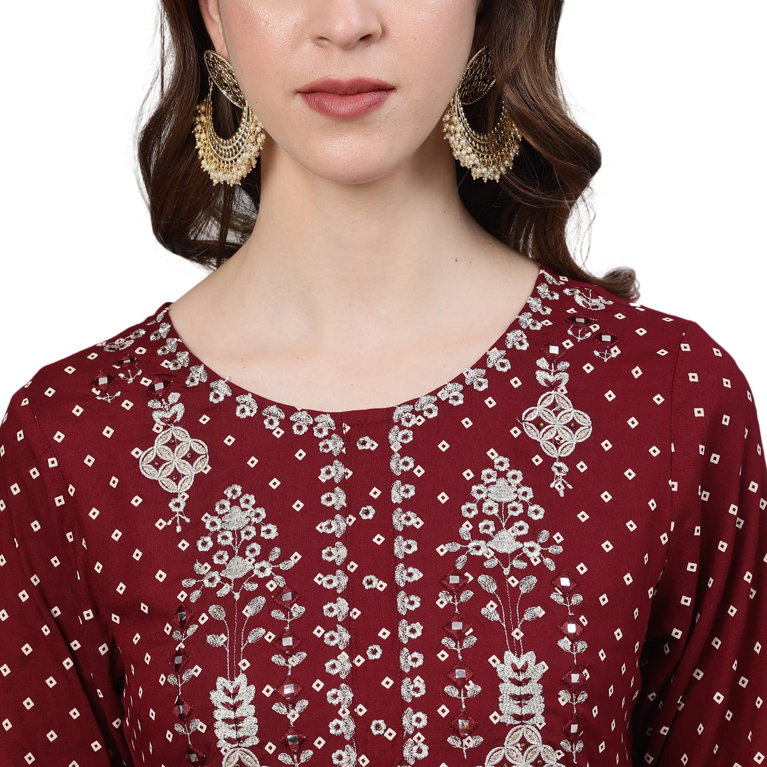 Ishin Women'S Rayon Maroon Yoke Embroidered Straight Kurta Skirt Dupatta Set