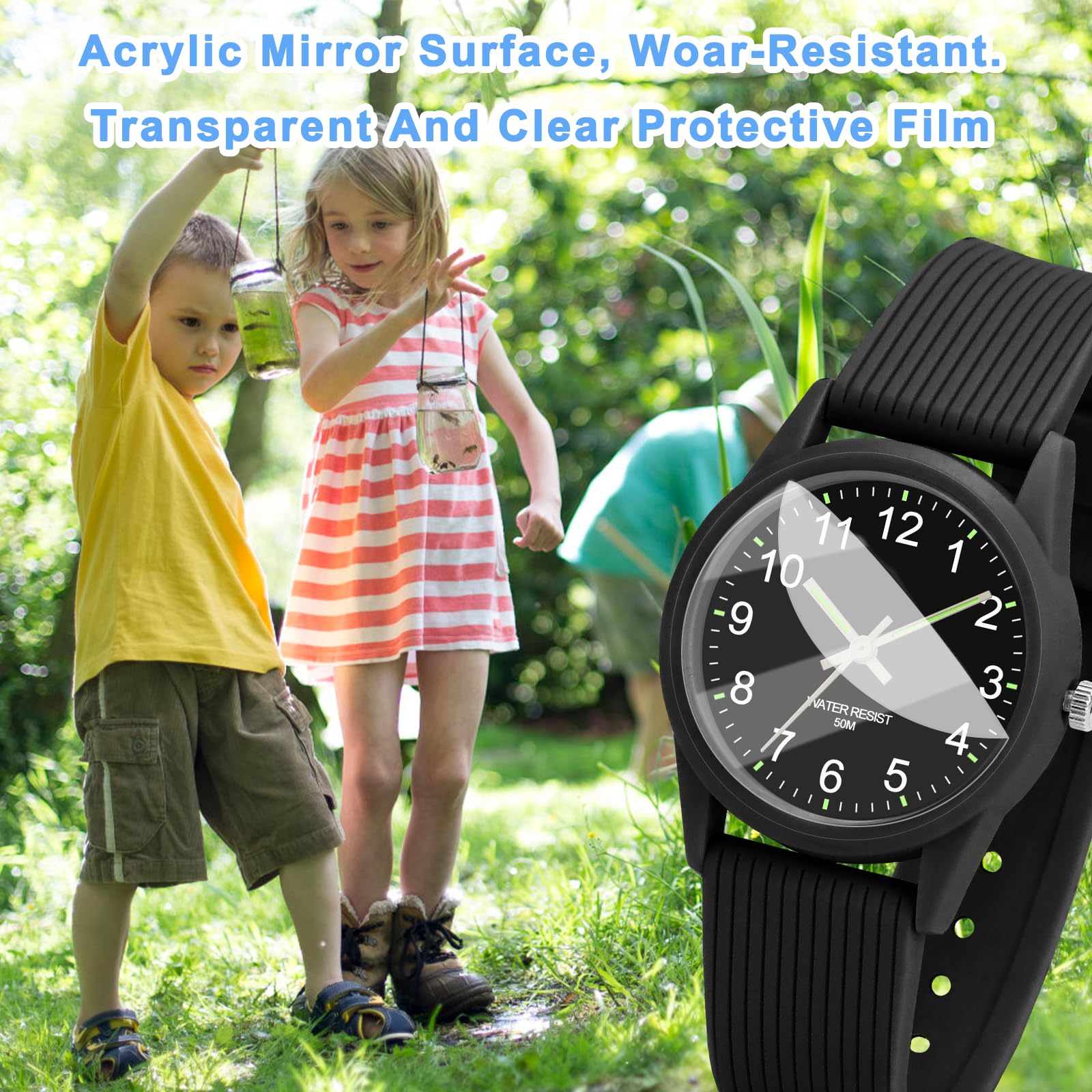 TENOCK Kids Analog Watch for Boys Girls Time Teaching 50M Waterproof Kids Watches Easy to Read for 4-12 Years-Black