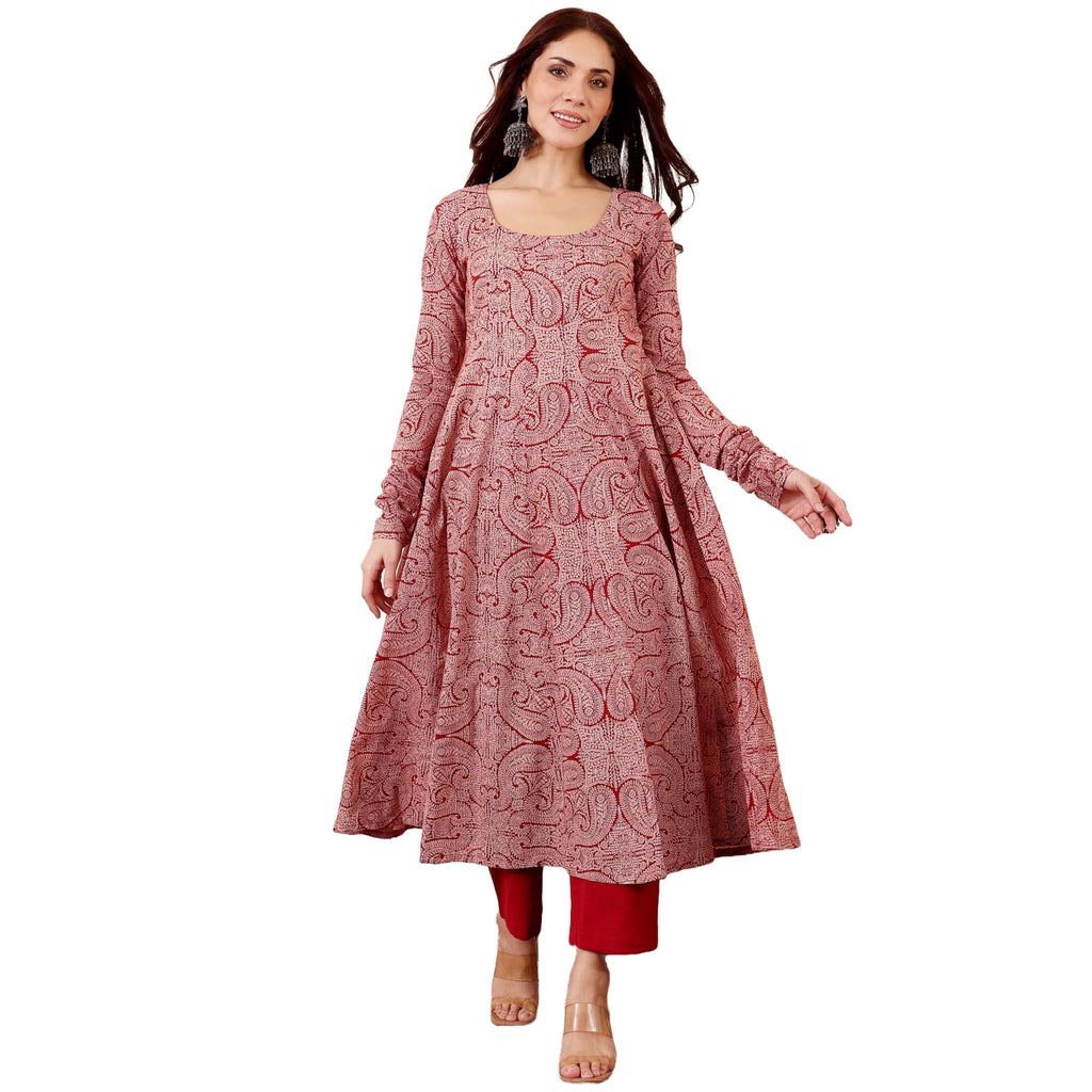 ANNI DESIGNER Womens Rayon Viscose Anarkali Printed Kurta with Pant (GRUSHA RED_XL_Red_X-Large)
