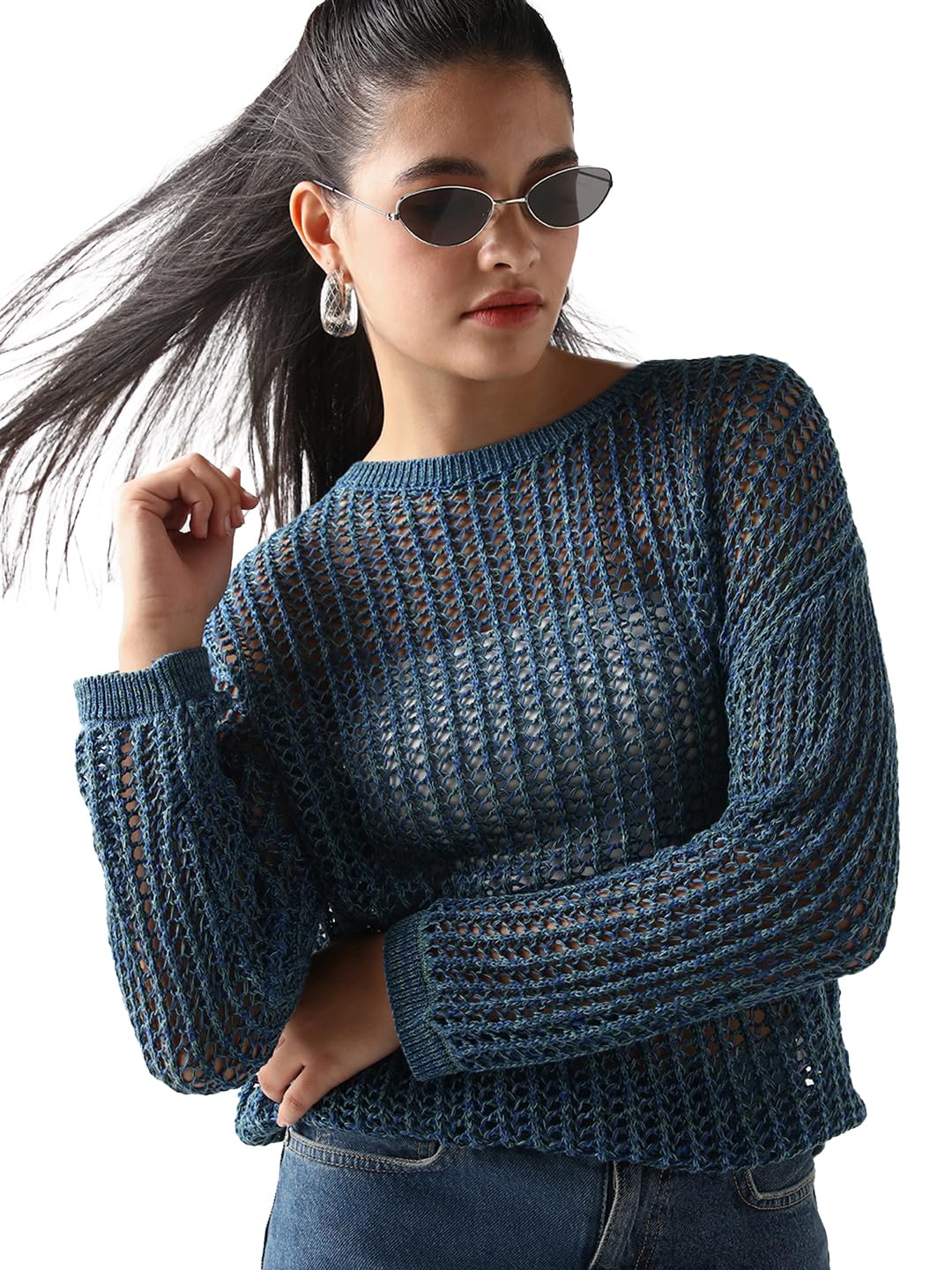Bewakoof Womens Cotton Textured Regular Fit Full Sleeve Round Neck Flat Knit Sweater Top_646223_Blue_S
