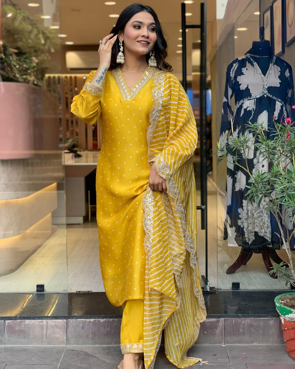 ANNI DESIGNER Women s Straight Printed Rayon Blend Kurta with Trousers and Dupatta