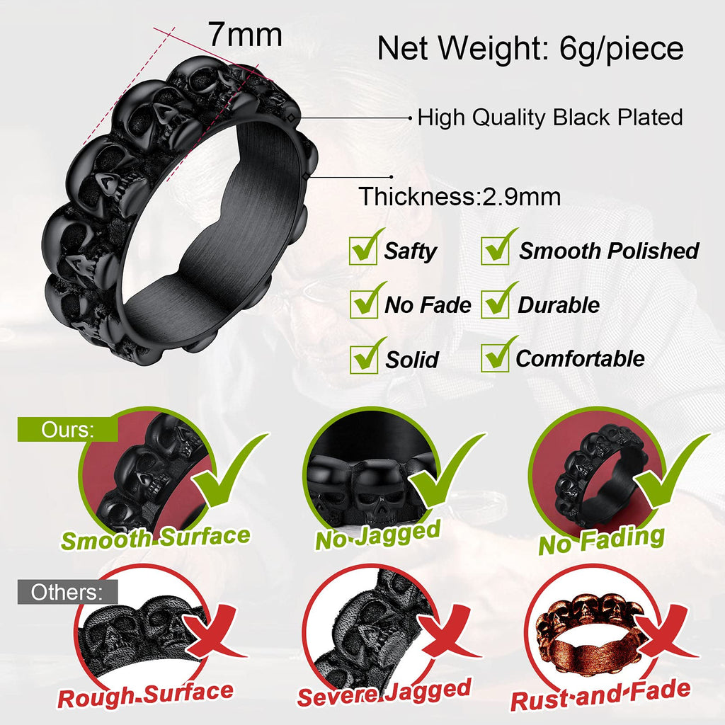 Rock Skull Band Ring for Men Black Stainless Steel Gothic Jewelry for Rapper Halloween Party Dressing