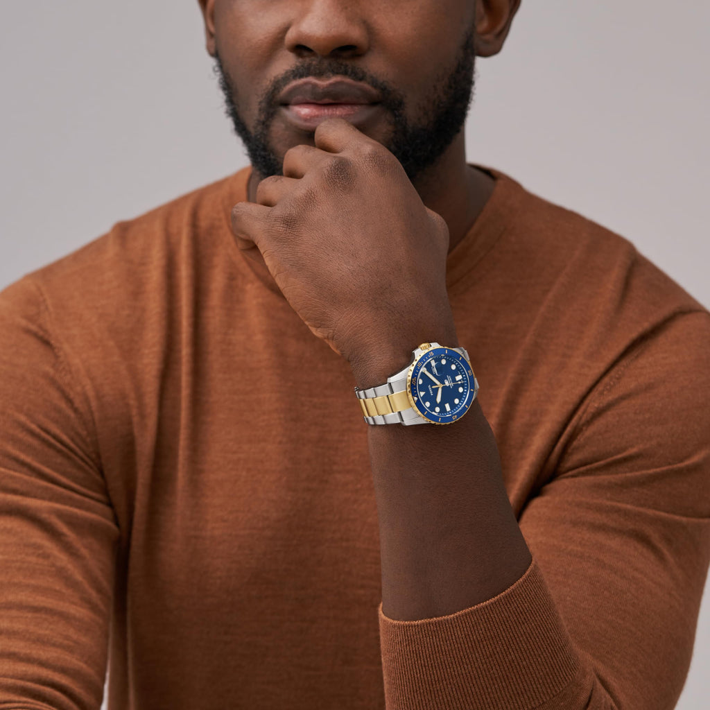 Fossil Men's Blue Quartz Stainless Steel Three-Hand Watch, Color: Two Tone/Blue Taper (Model: FS6034)