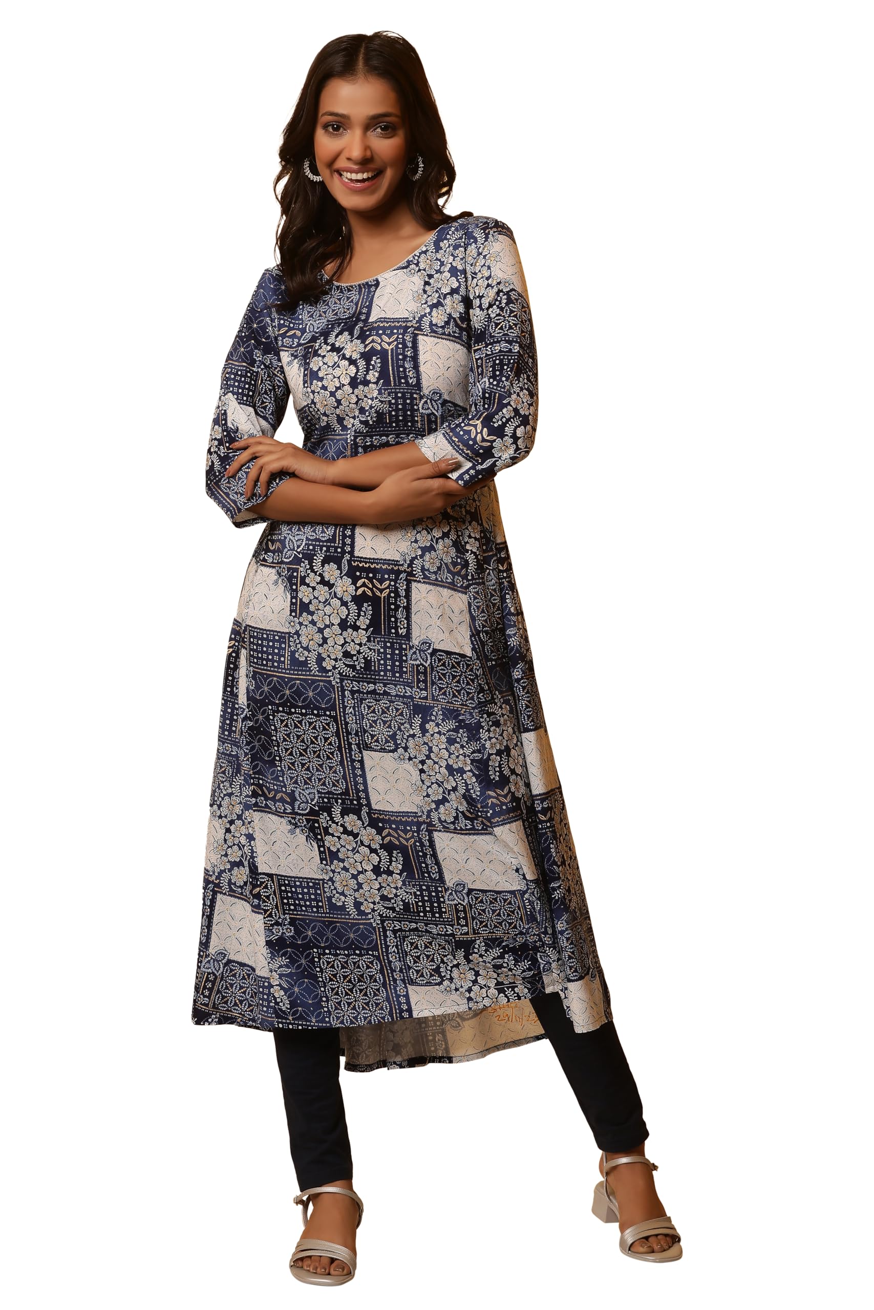 Aurelia Women Blue Geometric Print Rayon Flared Kurta_24Fea14819_Xl