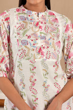 W For Woman White Floral Printed Pure Cotton Straight Kurta With Gathered Sleeves