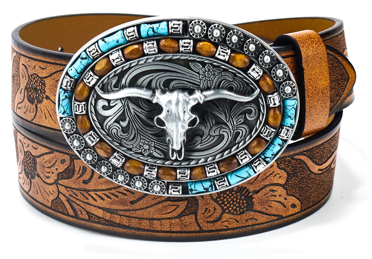 WesternCowboyLeatherBelts For Women TurquoiseOvalBuckle Embossed Belt, Brown, Fit For 2733 Waist 27-33