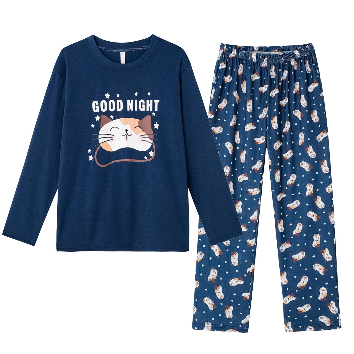 Hupohoi Girls Cotton Blend Pajama Sets Long Sleeve Long Pants Cartoon Sleepwear with Pockets Teen Girls 6 to 18 Years, Catnavy, 10
