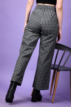 POPWINGS Casual Check Print Button and Zip Closure Trouser for Women | Western Wide-Leg Trouser for Women | Summer Trousers for