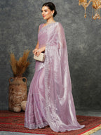 Satrani Womens Tissue Silk Sequence Embroidery Scalloped Border Saree with Unstitched Blouse Piece