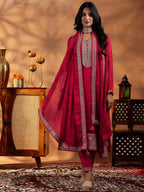 Libas Womens Embroidered Silk Blend Straight Kurta With Palazzos And Dupatta