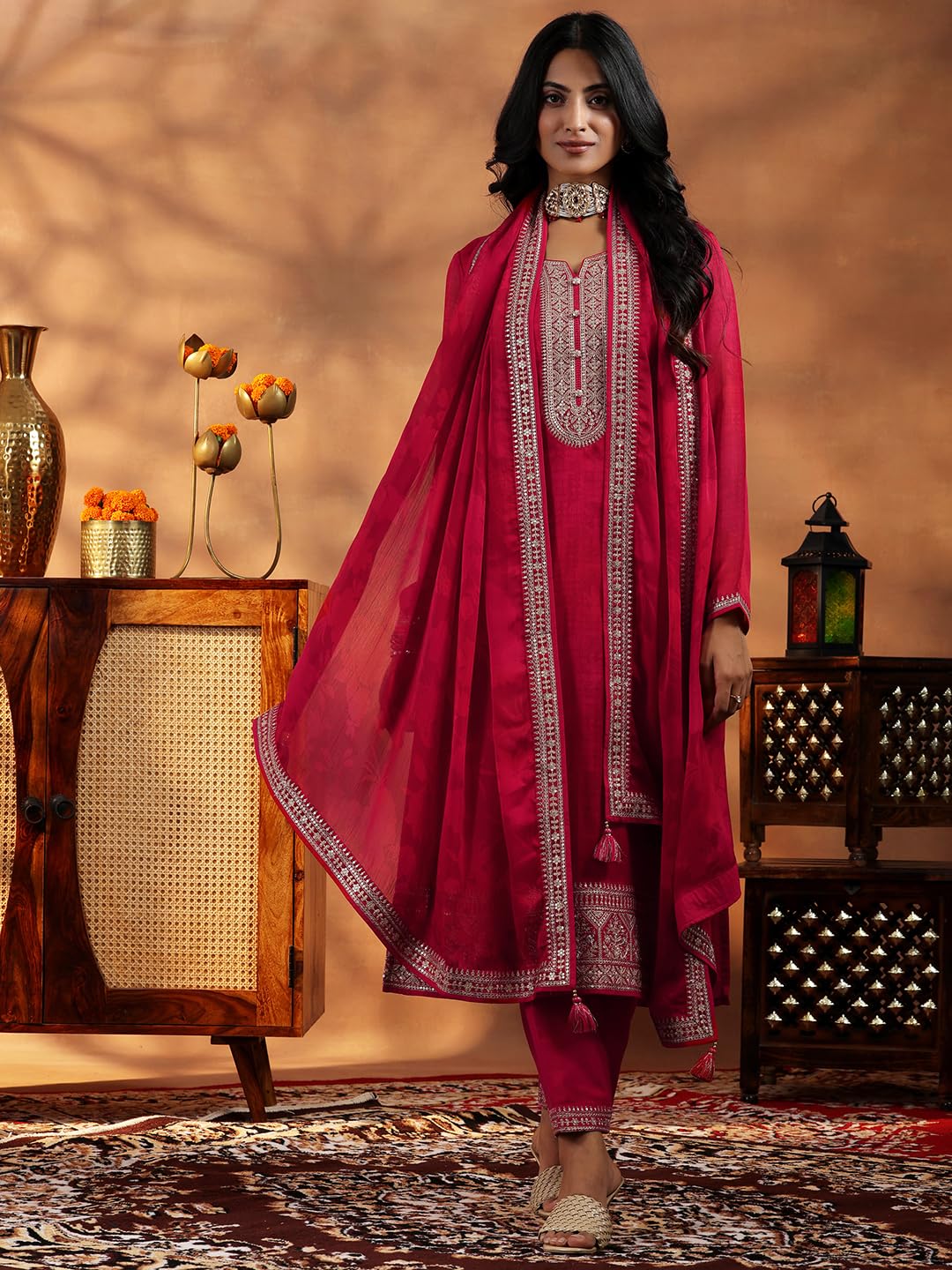 Libas Womens Embroidered Silk Blend Straight Kurta With Palazzos And Dupatta