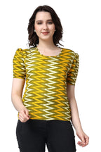POPWINGS Casual Printed Puff Sleeves Round Neck Top for Women || Stylish Latest Summer Tops for Women || Hip-Length Women Top