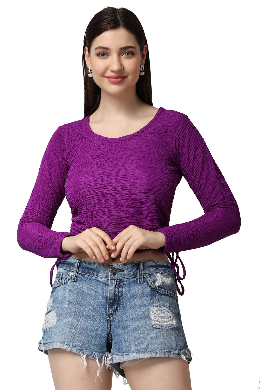 POPWINGS Casual Self Design Regular Fit Polyester Full Sleeves Crop Tops for Women with Crush String Purple