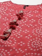 Ishin Women'S Silk Blend Red Embroidered A-Line Bandhani Kurta