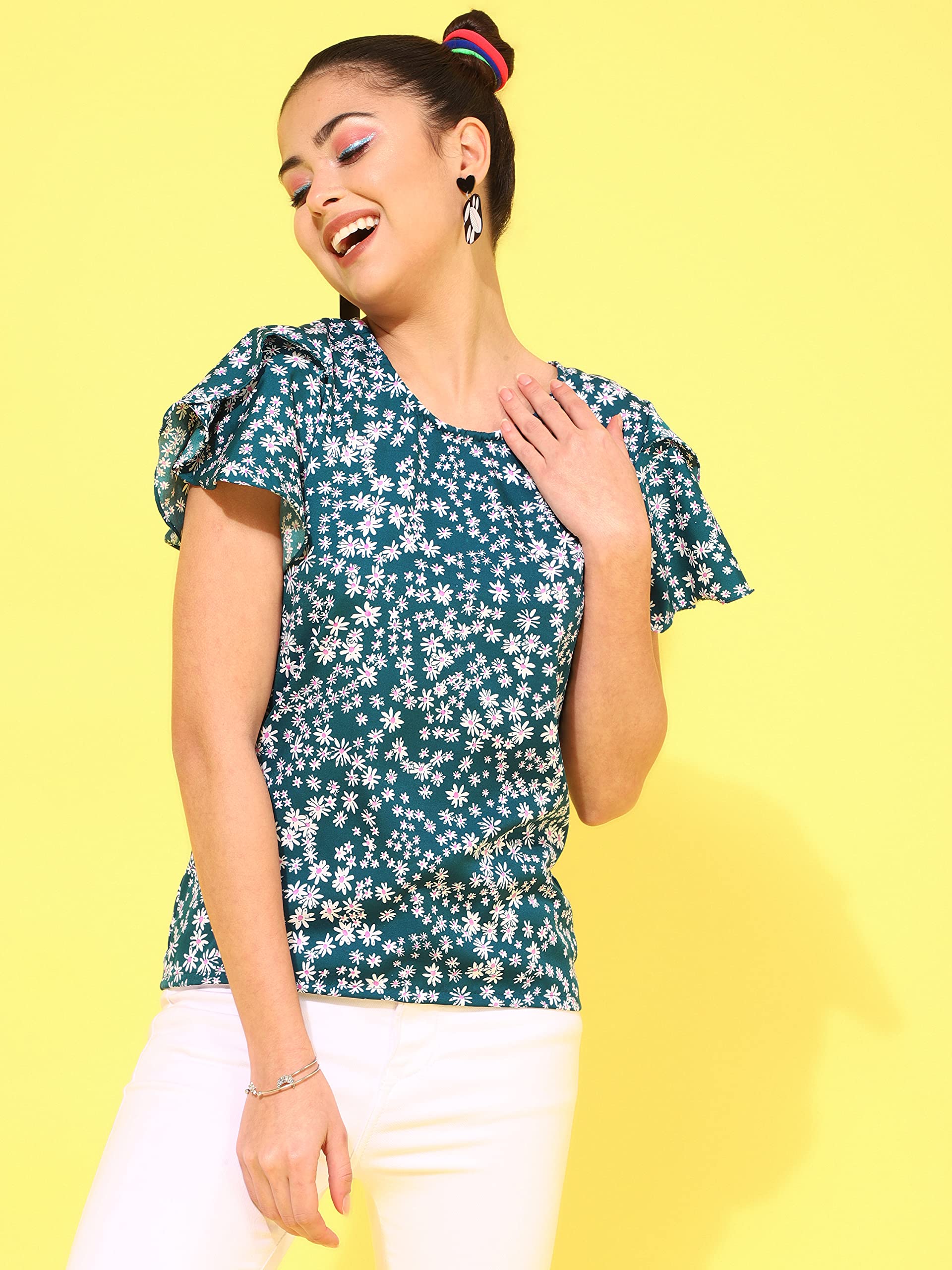 OOMPH! Womens Crepe Printed top with Boat Neck and Butterfly Sleeve