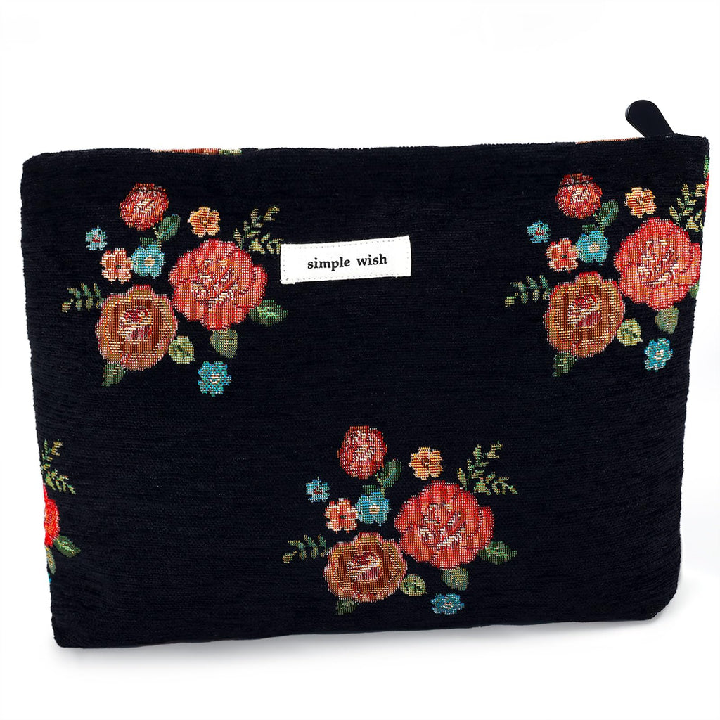 ZLFSRQ Makeup Bag Travel Cute Black Vintage Flower Floral Cosmetic Bags for Women Large Embroidery Toiletry Pouch Zipper Cosmeti