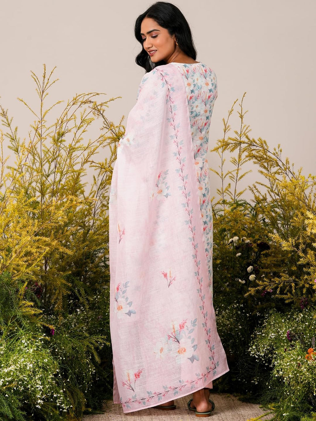 Libas Womens Printed Linen Straight Kurta With Trousers And Dupatta