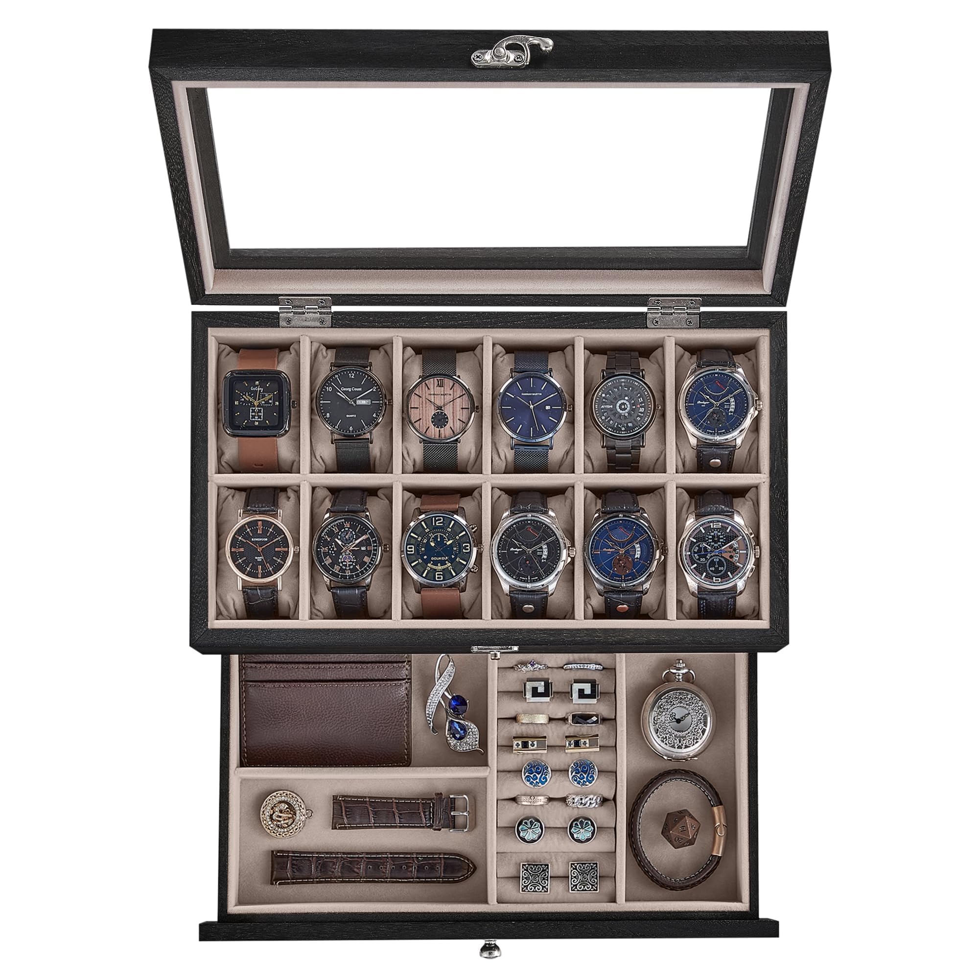 SONGMICS 12-Slot Watch Box, 2-Tier Watch Display Case with Large Glass Lid, Removable Watch Pillows, Velvet Lining, Jewelry Box,
