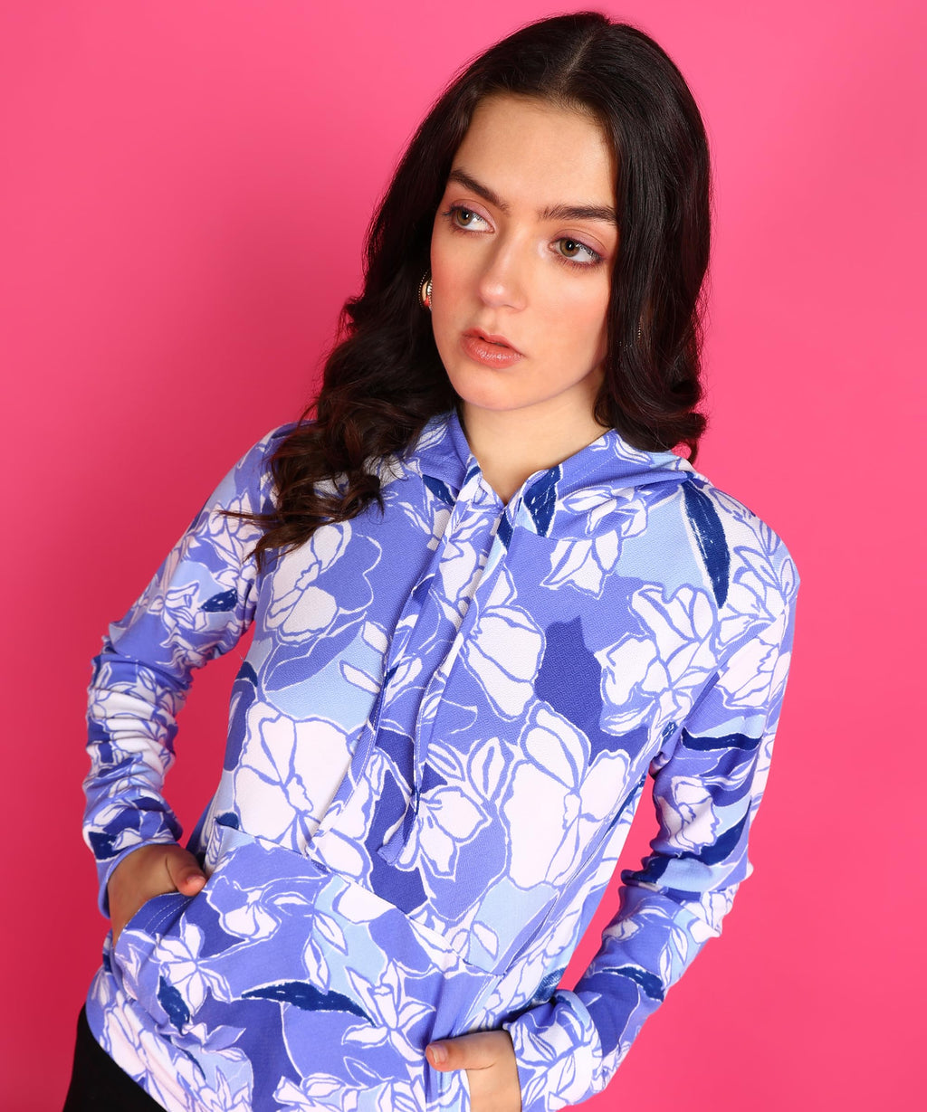POPWINGS Women Casual Azure Blue Floral Print Hooded Pocket Sweatshirt | Winter Wear | Trendy Sweatshirts