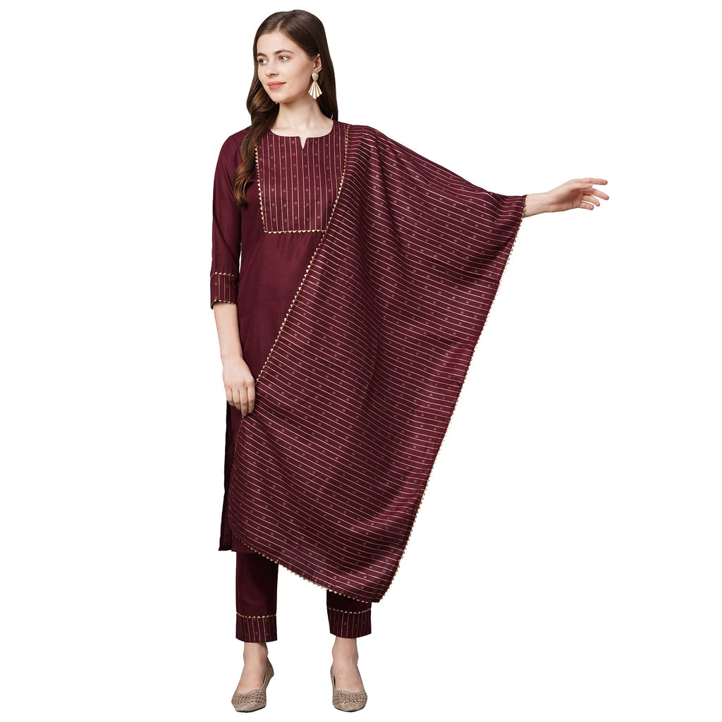 ANNI DESIGNER Women's Cotton Straight Kurta with Pant & Dupatta (KPTD-COT-10069-MAROON_XL_Maroon_X-Large)