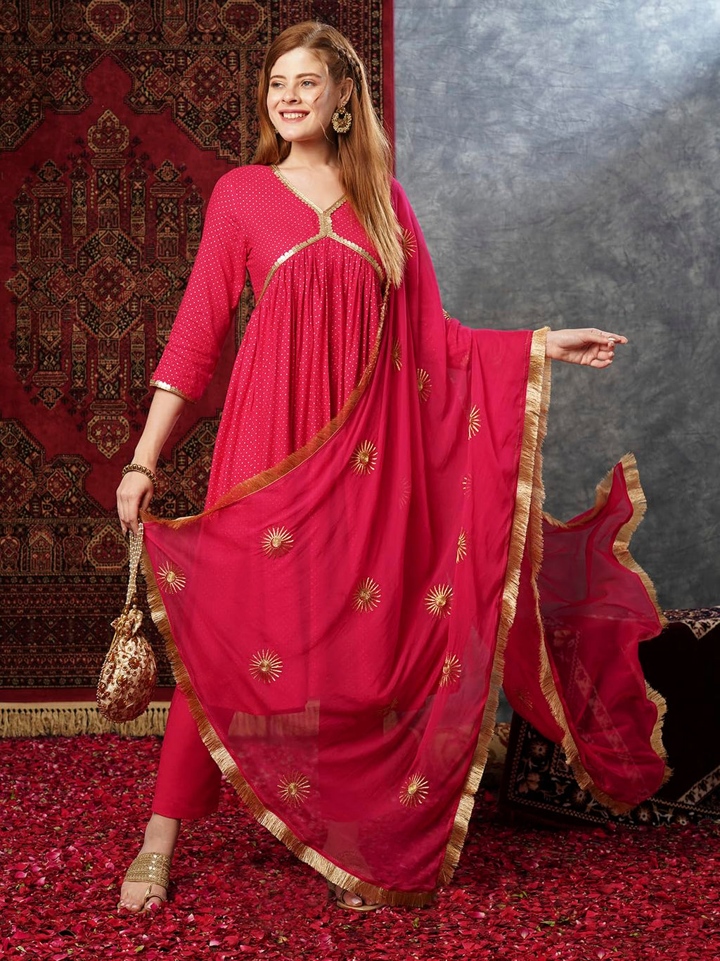 ANNI DESIGNER Ladies Cotton Blend Kurta Trousers with Dupatta Set, pink, M