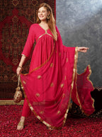 ANNI DESIGNER Ladies Cotton Blend Kurta Trousers with Dupatta Set, pink, XL