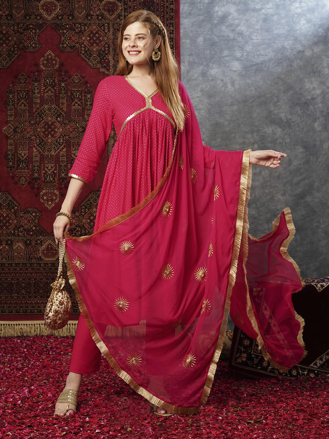ANNI DESIGNER Ladies Cotton Blend Kurta Trousers with Dupatta Set, pink, XL