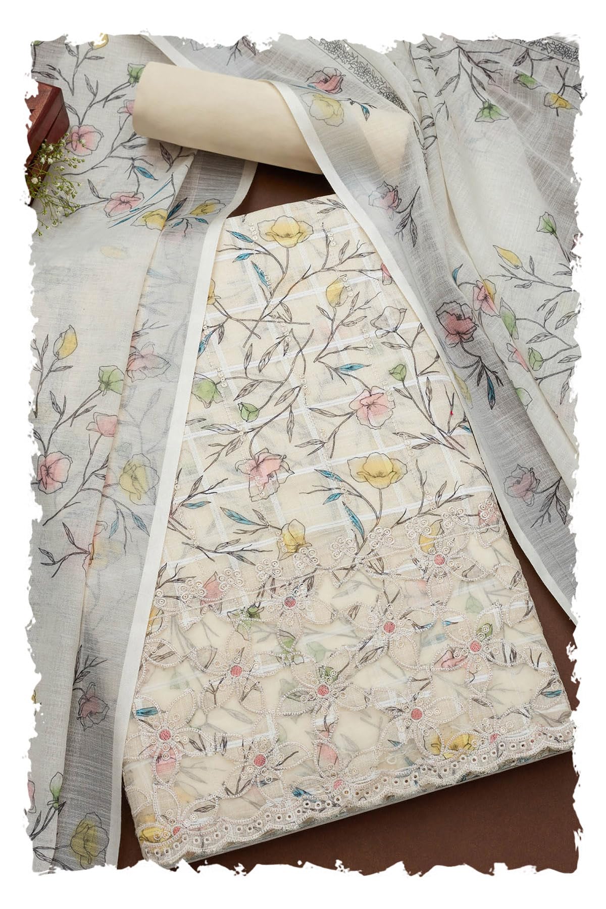 Soch Women Linen Floral Print Unstitch Dress Material with Thread Work