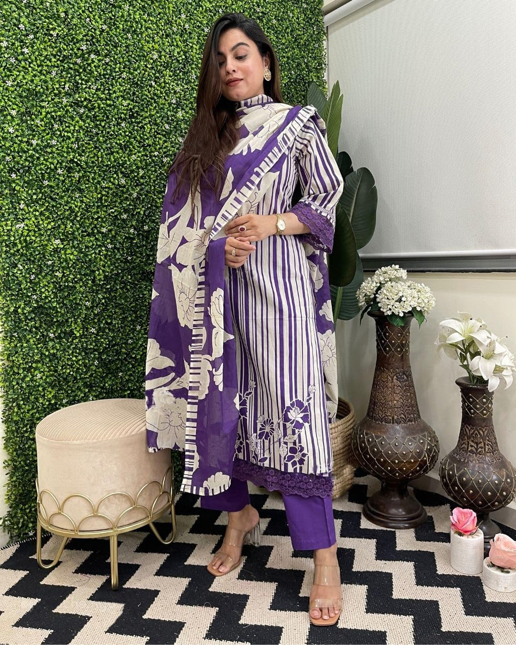 ANNI DESIGNER Women s Rayon Blend Printed Straight Kurta with Pants and Dupatta, Begani, 36