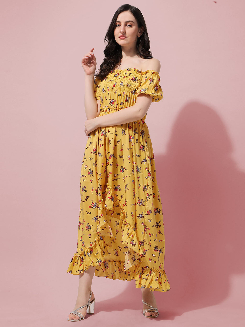 Oomph! Flared Dress For Women Stylish | Long One Piece For Women | Off Shoulder Puff Sleeve Long Dress | Floral Print Maxi One P