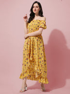 Oomph! Flared Dress For Women Stylish | Long One Piece For Women | Off Shoulder Puff Sleeve Long Dress | Floral Print Maxi One P